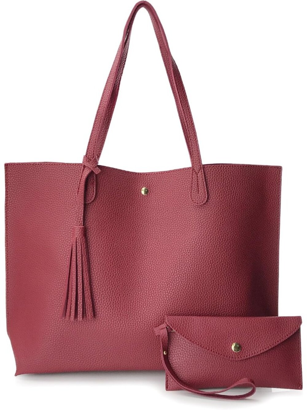 Women's Dark Red Faux Leather Minimalist Clean Cut Pebbled Shoulder Tote Bags